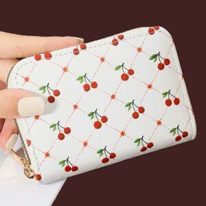 Cherry Print Zipper Card Holder Wallet Accordion Organizer Multi Slot Cute Mini